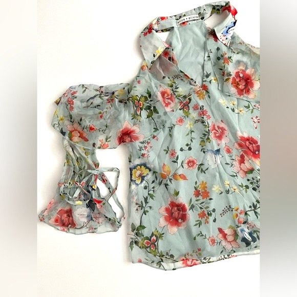 ALICE + OLIVIA BLAYNE FLORAL COLD SHOULDER SILK TOP FLORAL SOIREE DUSTY AQUA M - Picture 4 of 9
